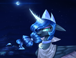 Size: 1024x785 | Tagged: safe, artist:alliecorn, imported from derpibooru, princess luna, alternate hairstyle, crying, curved horn, female, floppy ears, glowing horn, moon, night, ponytail, solo