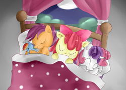 Size: 1000x716 | Tagged: safe, artist:haruliina, imported from derpibooru, apple bloom, scootaloo, sweetie belle, pony, adorabloom, bed, cute, cutealoo, cutie mark crusaders, diasweetes, female, filly, foal, full moon, moon, sleeping, sleeping together, window