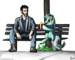 Size: 1280x1024 | Tagged: safe, artist:nemo2d, imported from derpibooru, lyra heartstrings, human, pony, bench, bipedal, clothes, consoling, duo, keanu reeves, new year, new years eve, present, sad keanu, scarf, sitting