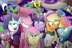 Size: 1024x683 | Tagged: safe, artist:php25, deleted from derpibooru, imported from derpibooru, applejack, discord, fluttershy, gummy, pinkie pie, rainbow dash, rarity, spike, twilight sparkle, christmas, hearth's warming eve, implied shipping, mane seven, mane six, mistleholly, mistletoe, shipper on deck, shipping, sparity, straight