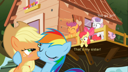 Size: 1200x675 | Tagged: source needed, safe, imported from derpibooru, apple bloom, applejack, rainbow dash, scootaloo, sweetie belle, appledash, blushing, clubhouse, crusaders clubhouse, cutie mark crusaders, female, glare, kissing, lesbian, shipper on deck, shipping