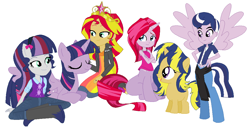 Size: 1034x540 | Tagged: safe, artist:unoriginai, imported from derpibooru, sunset shimmer, twilight sparkle, oc, centaur, chimera, hybrid, pony, satyr, unicorn, equestria girls, alternate clothes, alternate costumes, big crown thingy, clothes, crown, element of magic, family, female, filly, goddamnit unoriginai, lesbian, magical lesbian spawn, offspring, parent:sunset shimmer, parent:twilight sparkle, parents:sunsetsparkle, shipping, sunsetsparkle, twilight sparkle (alicorn)