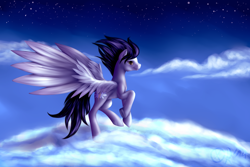 Size: 1280x853 | Tagged: safe, artist:xormak, imported from derpibooru, soarin', cloud, cloudy, male, old cutie mark, painting, realistic, sky, solo, stars