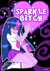 Size: 635x900 | Tagged: safe, artist:curtsibling, imported from derpibooru, twilight sparkle, equestria girls, clothes, fangs, humanized, middle finger, school uniform, t shirt design, vulgar