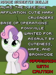 Size: 450x600 | Tagged: safe, imported from derpibooru, sweetie belle, the return of harmony, caption, cute, female, hape, image macro, meme, solo, wanted