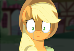 Size: 844x587 | Tagged: safe, artist:kumkrum, imported from derpibooru, applejack, cropped, crying, female, frown, looking at you, reaction image, sad, sadjack, solo, wide eyes