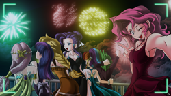 Size: 1920x1080 | Tagged: safe, artist:mauroz, imported from derpibooru, applejack, fluttershy, pinkie pie, rainbow dash, rarity, spike, twilight sparkle, human, armpits, camera, camera shot, clothes, dress, female, fireworks, humanized, mane seven, mane six, new year, open mouth, peace sign, selfie, wallpaper, wink