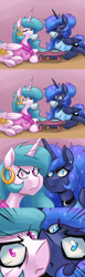 Size: 1000x3244 | Tagged: safe, artist:romanrazor, imported from derpibooru, princess celestia, princess luna, alicorn, pony, good morning celestia, angry, animated at source, animated in description, bathrobe, blue-mane celestia, choker, clothes, description is relevant, drinking, earring, eyes closed, female, food, frown, glare, looking at you, mare, messy mane, prone, shirt, stare, tea, this is why we can't have nice things, tumblr, underhoof, wide eyes