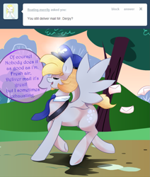 Size: 1057x1245 | Tagged: safe, artist:blacky-moon, imported from derpibooru, derpy hooves, ask mister derpy, ask, dopey hooves, hat, letter, mail, mailmare, necktie, poststallion, rule 63, tumblr