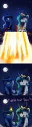 Size: 1200x4800 | Tagged: safe, artist:anticular, imported from derpibooru, princess celestia, princess luna, alicorn, pony, ask sunshine and moonbeams, angry, comic, dirty, duo, duo female, female, fireworks, full moon, happy new year, mare, moon, new year, night, peytral, smoke, tumblr