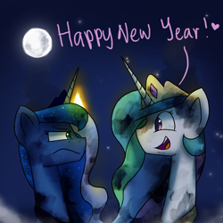 Size: 1200x1200 | Tagged: safe, artist:anticular, imported from derpibooru, princess celestia, princess luna, alicorn, pony, ask sunshine and moonbeams, annoyed, dirty, duo, duo female, eye contact, female, fireworks, frown, glare, happy new year, heart, mare, moon, night, open mouth, smiling, smoke