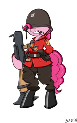 Size: 944x1500 | Tagged: safe, artist:almar, imported from derpibooru, pinkie pie, candy, clothes, crossover, helmet, rocket launcher, soldier, team fortress 2, uniform