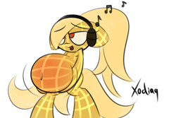 Size: 3000x2000 | Tagged: safe, artist:xodisvorebin, imported from derpibooru, oc, oc only, oc:waffle, food pony, original species, belly, belly button, commercial reference, eggo, fetish, headphones, high res, implied vore, open mouth, ponified, wa-full, waffle, waffle pony, wat