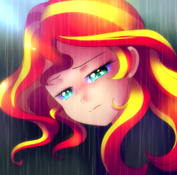 Size: 1091x1080 | Tagged: dead source, safe, artist:jacky-bunny, imported from derpibooru, sunset shimmer, human, beautiful, bust, crying, female, humanized, portrait, rain, sad, solo, sunsad shimmer, teary eyes