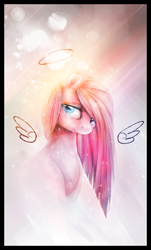 Size: 897x1490 | Tagged: safe, artist:ventious, imported from derpibooru, pinkie pie, earth pony, pony, bubble, female, halo, lens flare, pinkamena diane pie, solo, wings