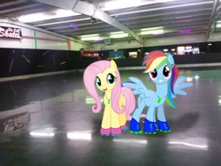 Size: 2048x1536 | Tagged: safe, artist:stabzor, artist:theshadowstone, artist:tokkazutara1164, edit, imported from derpibooru, fluttershy, rainbow dash, human, game, irl, lights, photo, ponies in real life, rink, roller rink, roller skates, skates, vector