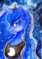 Size: 500x696 | Tagged: safe, artist:scarlet-songstress, imported from derpibooru, princess luna, female, smiling, solo, traditional art, watercolor painting