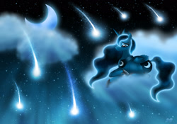 Size: 2589x1811 | Tagged: safe, artist:rose-beuty, imported from derpibooru, princess luna, alicorn, pony, cloud, cloudy, female, mare, moon, night, prone, shooting stars, solo