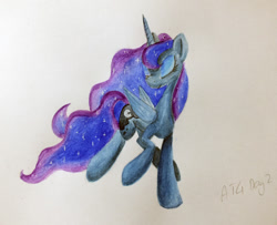 Size: 800x648 | Tagged: safe, artist:frozenpyro71, imported from derpibooru, princess luna, dancing, female, newbie artist training grounds, solo, traditional art, watercolor painting