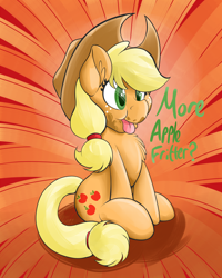 Size: 1024x1280 | Tagged: safe, artist:theimmolatedpoet, imported from derpibooru, applejack, pony, apple fritter (food), chest fluff, cute, female, jackabetes, messy eating, silly, silly pony, solo, tongue out