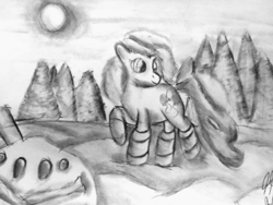 Size: 1920x1440 | Tagged: safe, artist:heromewtwo, imported from derpibooru, pinkie pie, vanillite, charcoal (medium), charcoal drawing, clothes, crossover, female, fir tree, forest, ice, monochrome, pokémon, snow, socks, solo, traditional art, winter