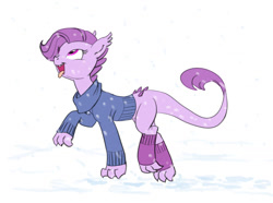 Size: 1142x850 | Tagged: safe, artist:carnifex, imported from derpibooru, oc, oc only, oc:lavender, dracony, hybrid, clothes, interspecies offspring, leg warmers, looking up, offspring, open mouth, parent:rarity, parent:spike, parents:sparity, simple background, smiling, snow, snowfall, solo, sweater, tongue out, walking, white background