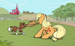 Size: 1920x1200 | Tagged: safe, artist:sirvalter, imported from derpibooru, applejack, winona, dog, earth pony, pony, butt, female, mare, mouth hold, plot, solo, tug of war