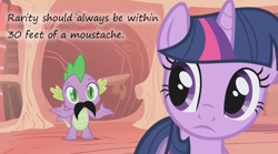 Size: 1150x640 | Tagged: safe, edit, edited screencap, imported from derpibooru, screencap, spike, twilight sparkle, boast busters, duo, implied rarity, insane pony thread, moustache, text