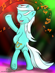 Size: 1500x2000 | Tagged: safe, artist:halflingpony, imported from derpibooru, lyra heartstrings, pony, unicorn, bipedal, dancing, female, music notes, smiling, solo, waving