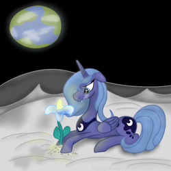 Size: 5000x5000 | Tagged: safe, artist:kampfkeks007, imported from derpibooru, princess luna, pony, absurd resolution, crying, female, floppy ears, flower, mare, moon, prone, s1 luna, solo