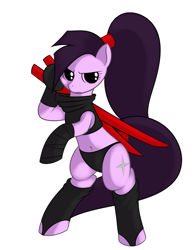 Size: 735x945 | Tagged: safe, artist:kloudmutt, imported from derpibooru, oc, oc only, earth pony, pony, belly button, bipedal, clothes, female, mare, midriff, ninja, ninjato, pony tails, simple background, solo, white background