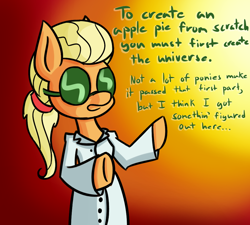 Size: 1000x900 | Tagged: safe, artist:heir-of-rick, imported from derpibooru, applejack, semi-anthro, daily apple pony, alternate hairstyle, carl sagan, clothes, female, goggles, lab coat, science, solo, text