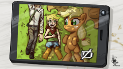 Size: 1100x619 | Tagged: safe, artist:theartrix, imported from derpibooru, applejack, oc, oc:anon, oc:cinnamon cider, human, satyr, cover art, daughter, fanfic, father, mother, offspring, parent:applejack, phone
