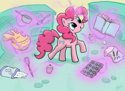 Size: 3429x2500 | Tagged: safe, artist:scarabdynasty1, imported from derpibooru, pinkie pie, pony, unicorn, baking, book, bowl, cake, cooking, female, flour, food, magic, race swap, saucepan, solo, spoon, sugar (food), whisk, xk-class end-of-the-world scenario