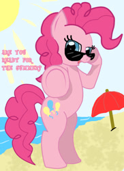 Size: 576x792 | Tagged: safe, artist:aoshistark, imported from derpibooru, pinkie pie, pony, beach, bipedal, female, solo, sunglasses