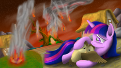 Size: 3840x2160 | Tagged: safe, artist:the1xeno1, imported from derpibooru, owlowiscious, twilight sparkle, pony, twilight's kingdom, crying, destroyed, duo, golden oaks library, scene interpretation