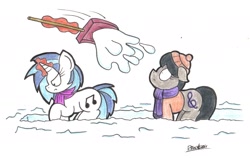 Size: 2210x1397 | Tagged: safe, artist:bobthedalek, imported from derpibooru, dj pon-3, octavia melody, vinyl scratch, earth pony, pony, unicorn, backwards cutie mark, clothes, coat, hat, magic, scarf, shovel, simple background, snow, snow shovel, telekinesis, traditional art, white background