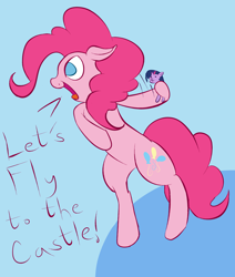 Size: 2200x2600 | Tagged: safe, artist:lyricjam, imported from derpibooru, pinkie pie, twilight sparkle, pony, bipedal, doll, female, floppy ears, funny, hoof hold, let's fly to the castle, open mouth, silly, smiling, solo, throwing, toy, yelling