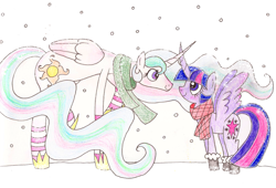 Size: 2157x1464 | Tagged: safe, artist:grocerystorephobic, imported from derpibooru, princess celestia, twilight sparkle, alicorn, pony, female, lesbian, mare, shipping, snow, snowfall, traditional art, twilestia, twilight sparkle (alicorn), winter