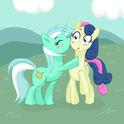 Size: 1000x1000 | Tagged: dead source, safe, artist:ryou14, imported from derpibooru, bon bon, lyra heartstrings, sweetie drops, earth pony, pony, unicorn, blushing, cheek kiss, eyes closed, female, kiss on the cheek, kissing, lesbian, lyrabon, shipping, smiling, surprise kiss, surprised