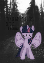 Size: 644x928 | Tagged: safe, artist:qewerka, imported from derpibooru, twilight sparkle, alicorn, pony, depression, female, forest, irl, mare, photo, ponies in real life, twilight sparkle (alicorn)