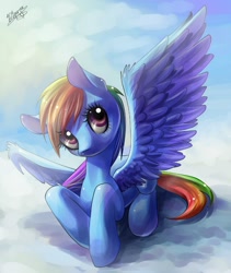 Size: 864x1024 | Tagged: safe, artist:lolperson99, imported from derpibooru, rainbow dash, cloud, cloudy, female, prone, solo, spread wings