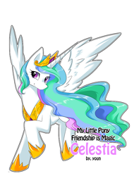 Size: 600x760 | Tagged: safe, artist:yoonny92, imported from derpibooru, princess celestia, female, raised hoof, smiling, solo, spread wings