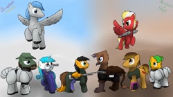 Size: 1280x716 | Tagged: safe, artist:the-furry-railfan, imported from derpibooru, oc, oc only, oc:featherweight, oc:minty candy, oc:moral fringe, oc:twintails, earth pony, griffon, pegasus, pony, unicorn, fallout equestria, fallout equestria: merchants of hope, fallout equestria: occupational hazards, anti-materiel rifle, armor, b.a.r., cannon, gauss rifle, gun, power armor, rifle, steel ranger, steel rangers, weapon