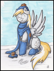 Size: 1601x2102 | Tagged: safe, artist:stormblaze-pegasus, imported from derpibooru, derpy hooves, pegasus, pony, boots, clothes, eyes closed, female, hat, mare, newbie artist training grounds, scarf, sitting, smiling, snow, solo, traditional art