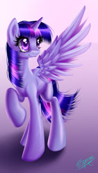 Size: 1800x3200 | Tagged: safe, artist:lolperson99, imported from derpibooru, twilight sparkle, alicorn, pony, female, mare, raised hoof, smiling, solo, spread wings, twilight sparkle (alicorn)