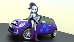 Size: 1920x1080 | Tagged: safe, artist:creatorofpony, artist:renderanon, imported from derpibooru, rarity, equestria girls, /mlp/, 3d, blender, boots, boyshorts, bracelet, car, clothes, female, high heel boots, jewelry, mini cooper, panties, purple underwear, shirt, skirt, solo, underwear, upskirt