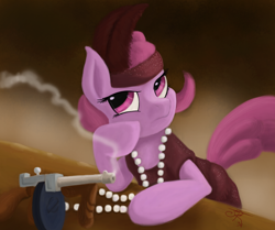 Size: 3000x2513 | Tagged: safe, artist:jorobro, imported from derpibooru, berry punch, berryshine, pony, 20s, female, gun, solo, speakeasy, submachinegun, tommy gun