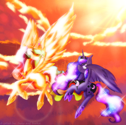 Size: 1390x1379 | Tagged: safe, artist:syico, imported from derpibooru, princess celestia, princess luna, alicorn, pony, cloud, crepuscular rays, duo, duo female, female, flying, lens flare, mare, sky, smiling, spread wings, wings