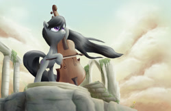 Size: 1024x663 | Tagged: safe, artist:fox-moonglow, imported from derpibooru, octavia melody, earth pony, pony, bipedal, cello, cloud, cloudy, female, musical instrument, ruins, solo